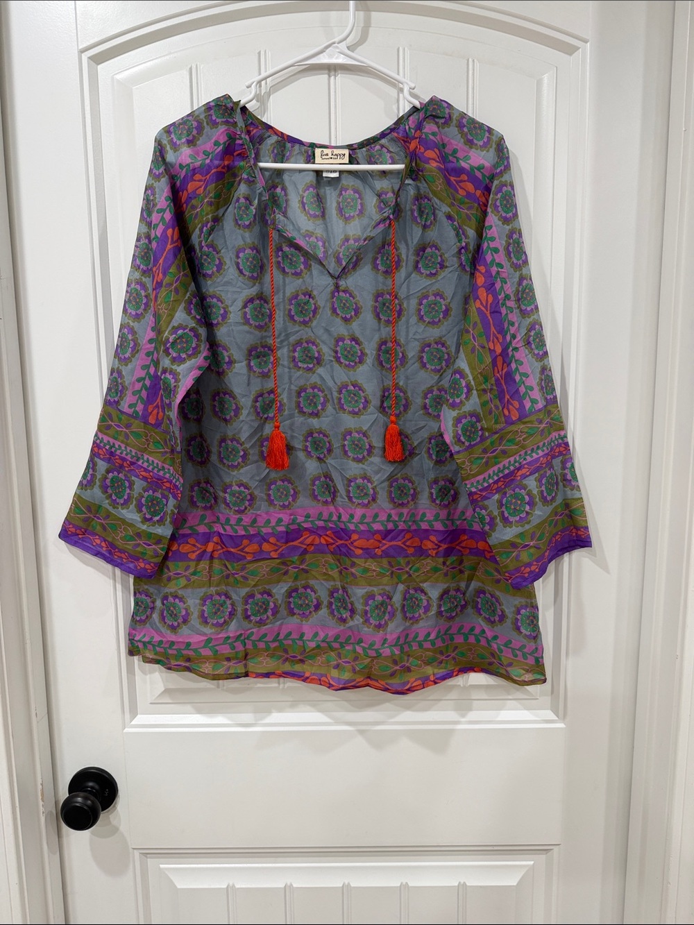 NATURAL LIFE Olive & Purple Floral Boho Tunic with Orange Tassels